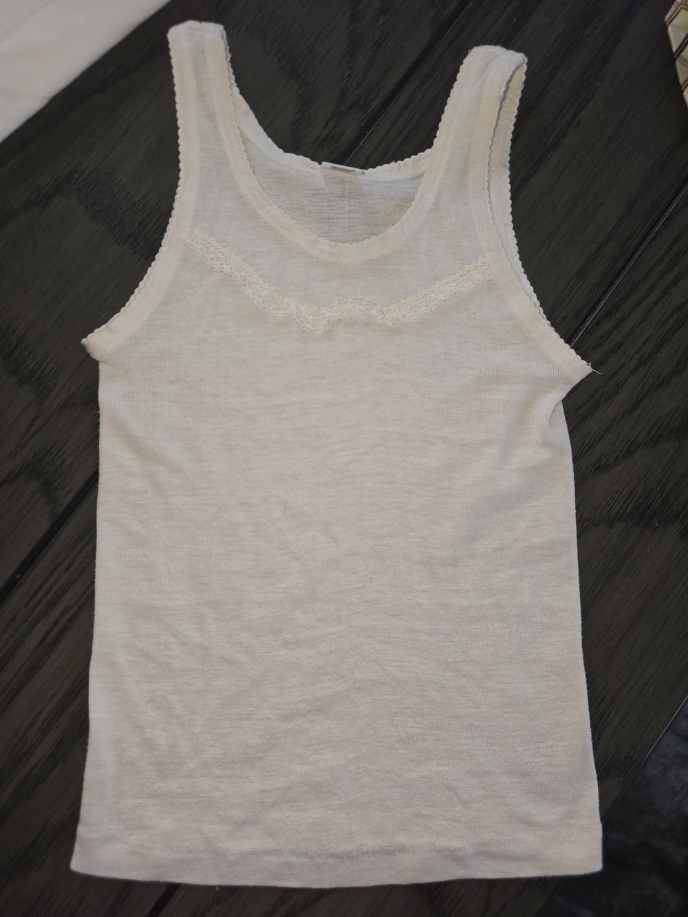 Vintage 60's Or 70's girls Sears White Ribbed Lace-Trim Tank